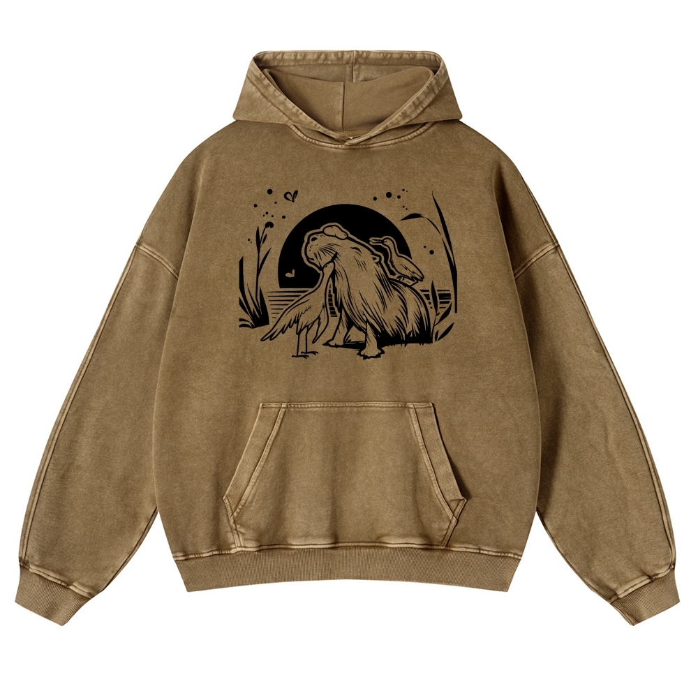 Friendly Animal Capybara Vintage Washed Hoodie-moweekender