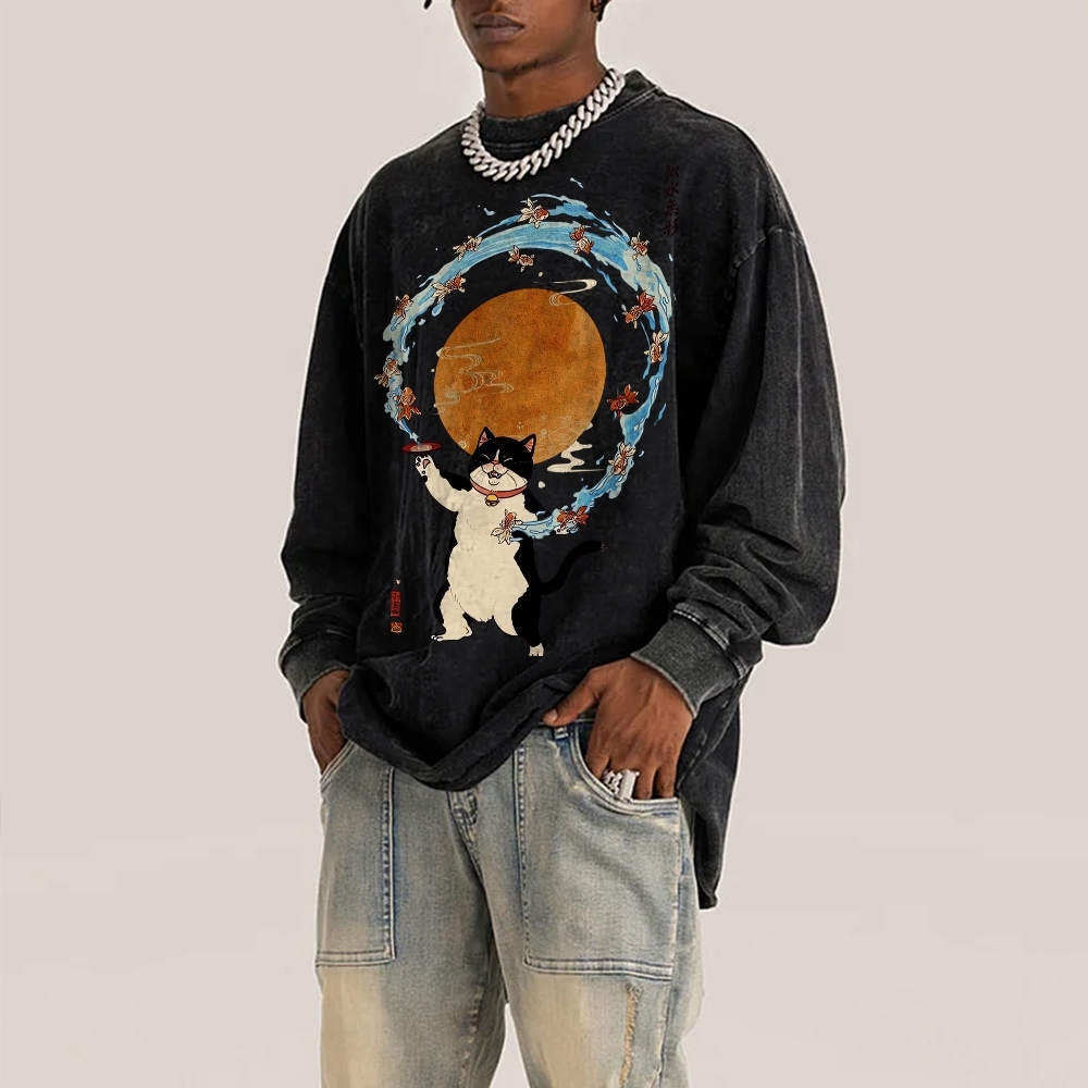 Goldfish Drunk Cat Deep Washed Vintage Long Sleeves T-Shirt-moweekender