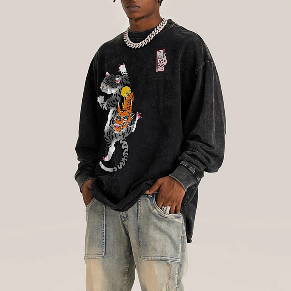Loong Leopard Cat Pattern Deep Washed Vintage Long Sleeves T-Shirt-moweekender