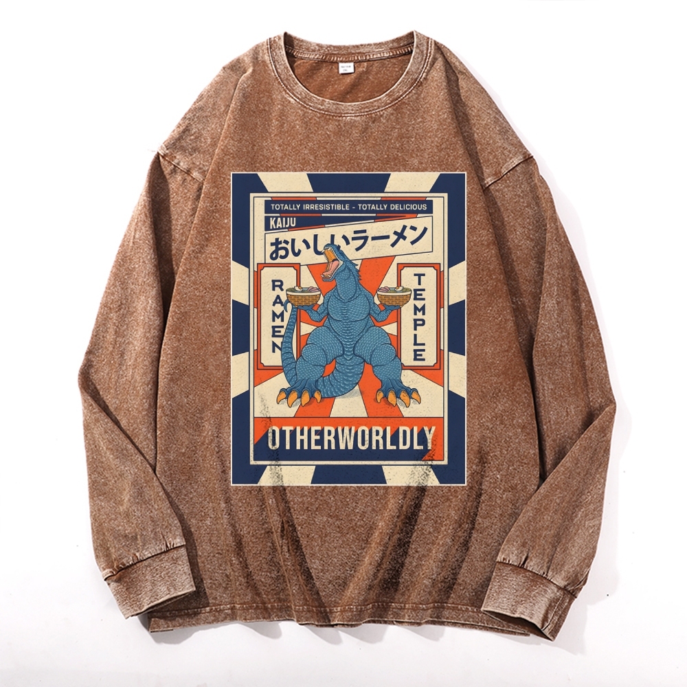 Ramen Godzilla Deep Washed Vintage Long Sleeves T-Shirt-moweekender