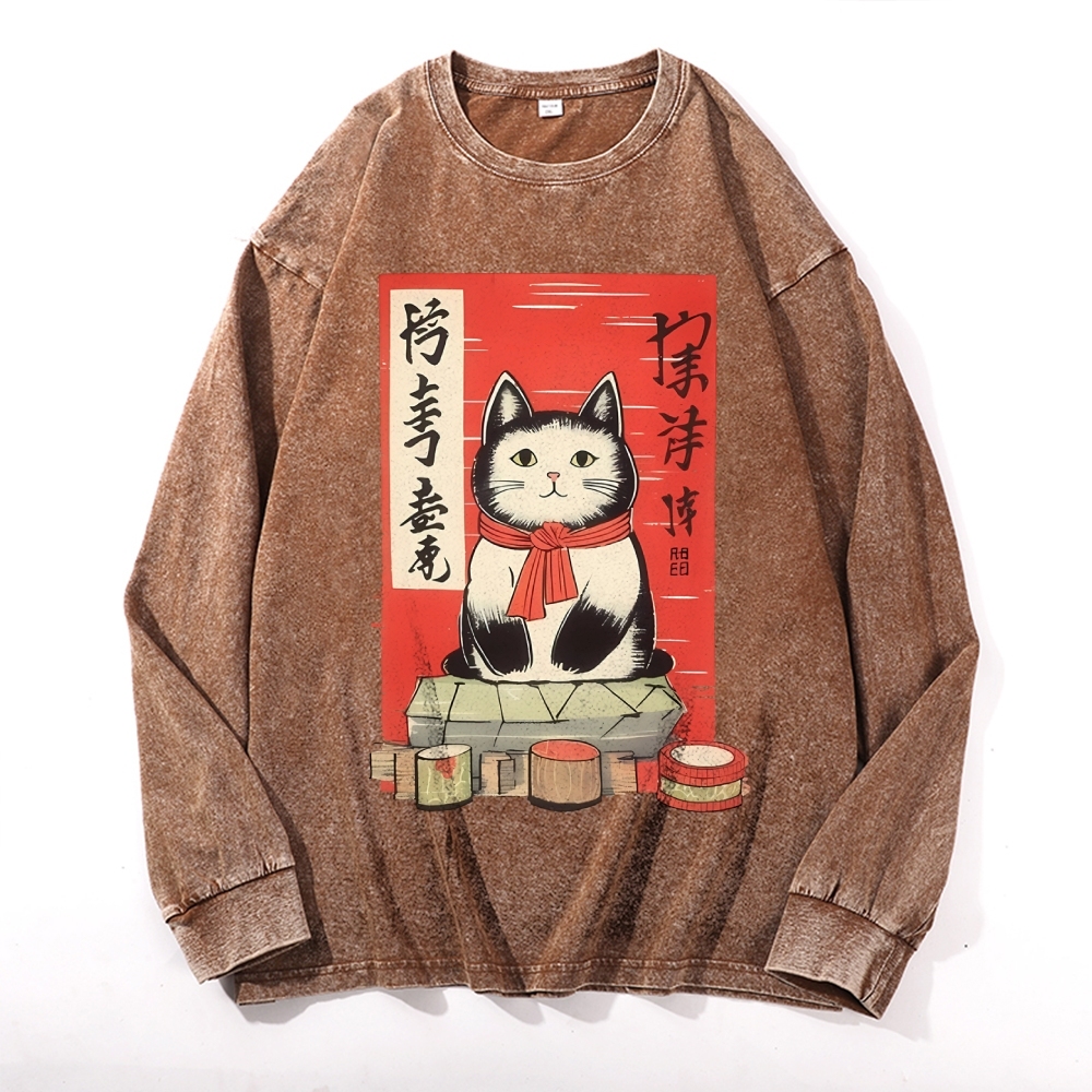 Japan Cat Painting Deep Washed Vintage Long Sleeves T-Shirt-moweekender