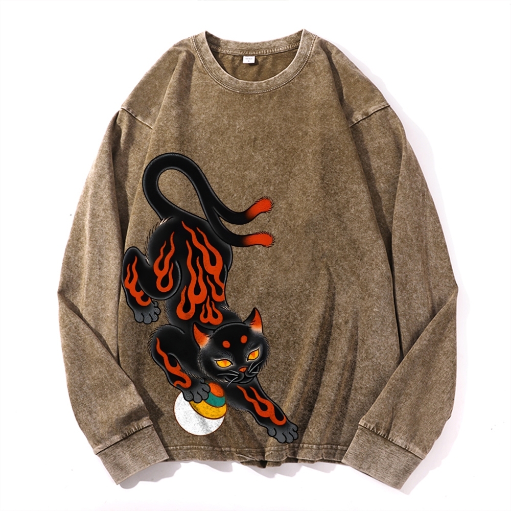 Two-tailed Cat Pattern Deep Washed Vintage Long Sleeves T-Shirt-moweekender