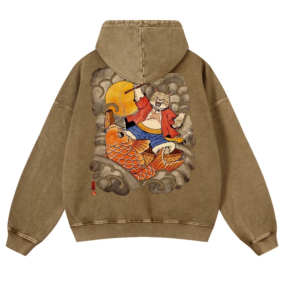 Carp Cat Ukiyoe Casual Vintage Washed Hoodie-moweekender