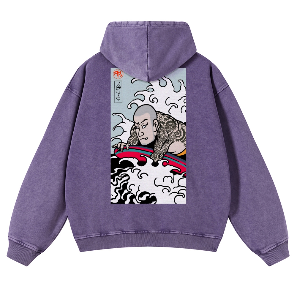 Japanese Surfing Ukiyoe Vintage Washed Hoodie-moweekender