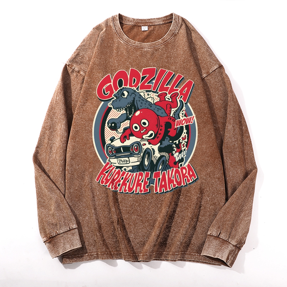 Godzilla Cartoon Pattern Deep Washed Vintage Long Sleeves T-Shirt-moweekender