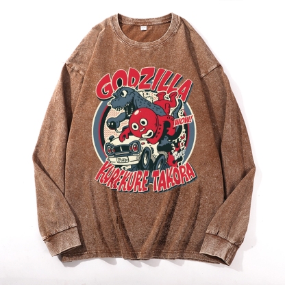 Godzilla Cartoon Pattern Deep Washed Vintage Long Sleeves T-Shirt-moweekender