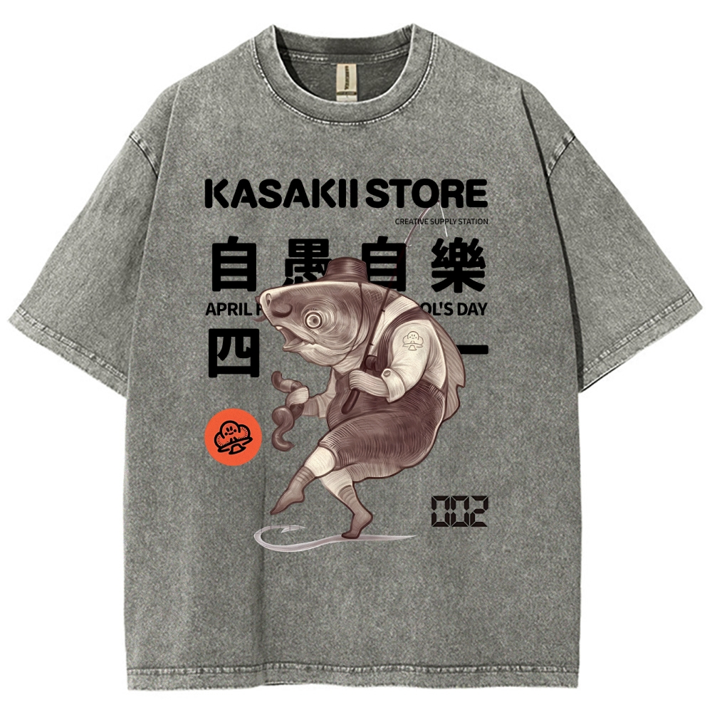 Fishing Shark Man Washed Vintage Short Sleeves T-Shirt-moweekender