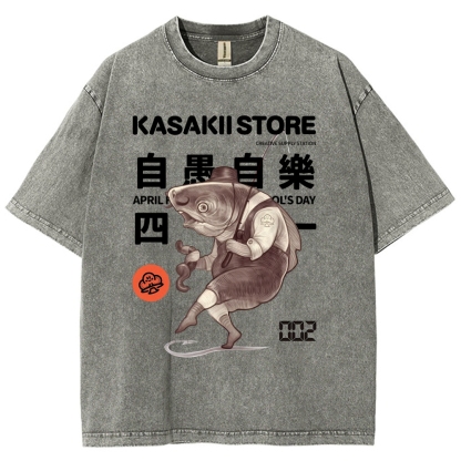 Fishing Shark Man Washed Vintage Short Sleeves T-Shirt-moweekender