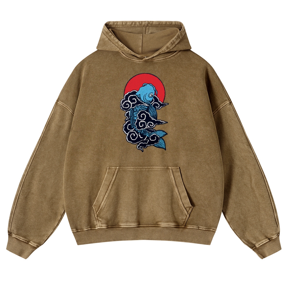 Cloud Carp Ukiyoe Pattern Vintage Washed Hoodie-moweekender