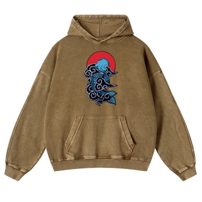 Cloud Carp Ukiyoe Pattern Vintage Washed Hoodie-moweekender
