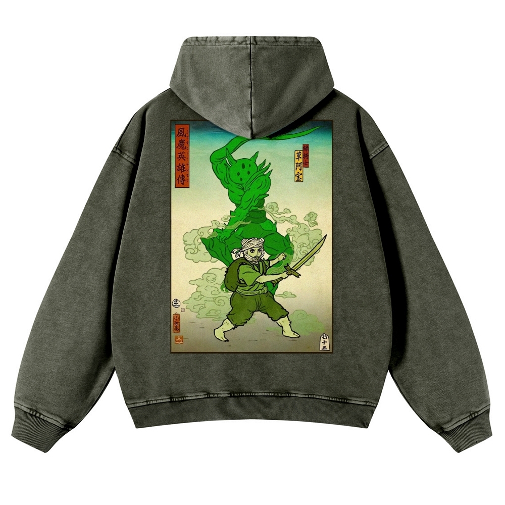 Hero Story Pattern Printed Vintage Washed Hoodie-moweekender