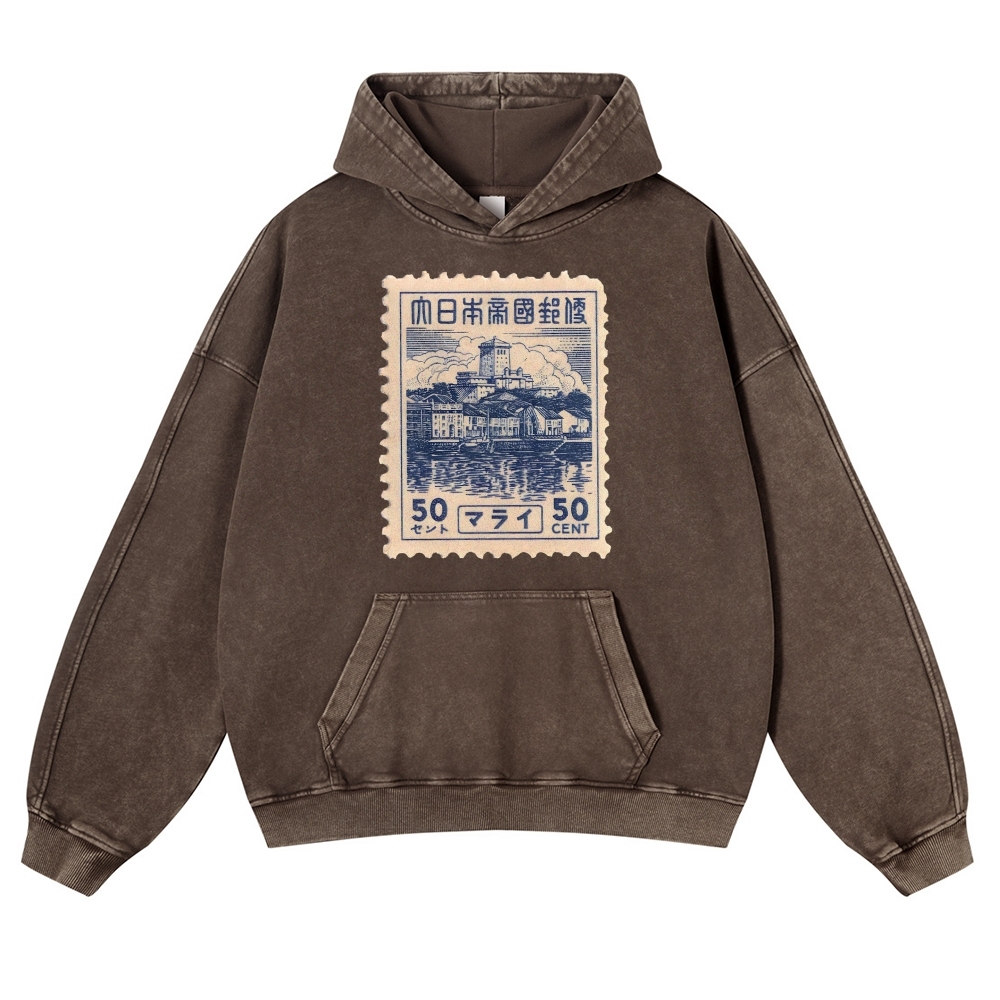Japan Old Stamp Pattern Vintage Washed Hoodie-moweekender