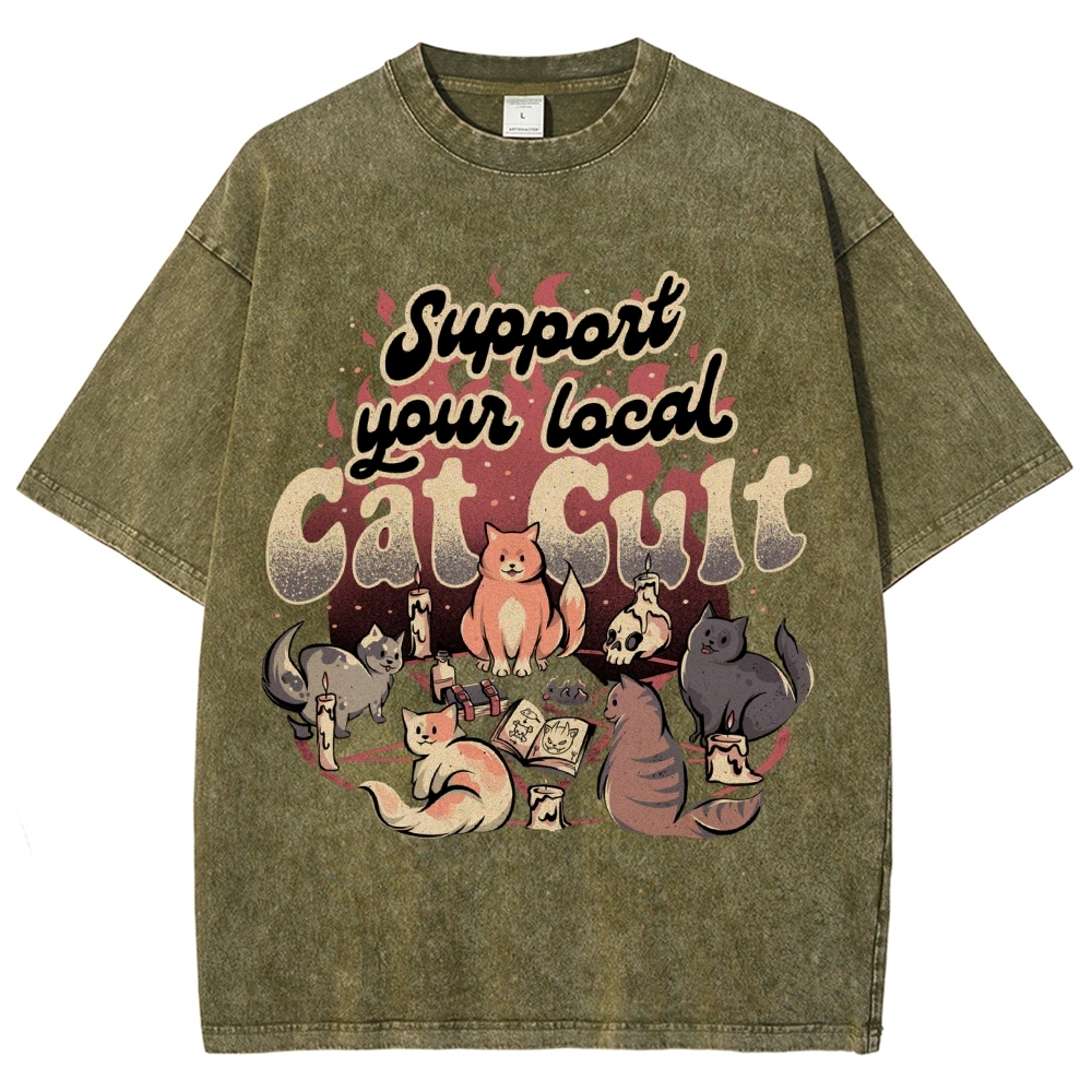 Support Your Local Cat Cult Vintage Snowflake Washed T-Shirt-moweekender