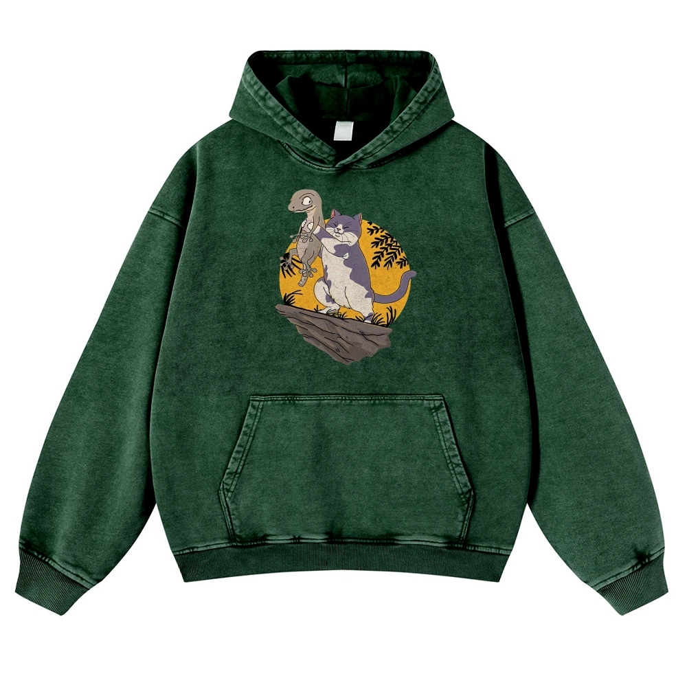 Lizard Cat Ukiyoe Vintage Washed Hoodie-moweekender