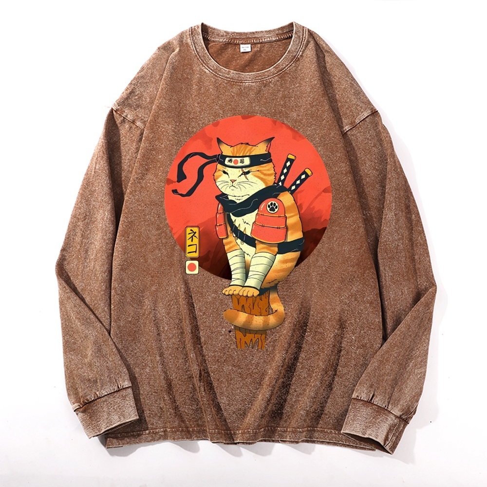 Ninja Sushi Cat Casual Deep Washed Vintage Long Sleeves T-Shirt-moweekender