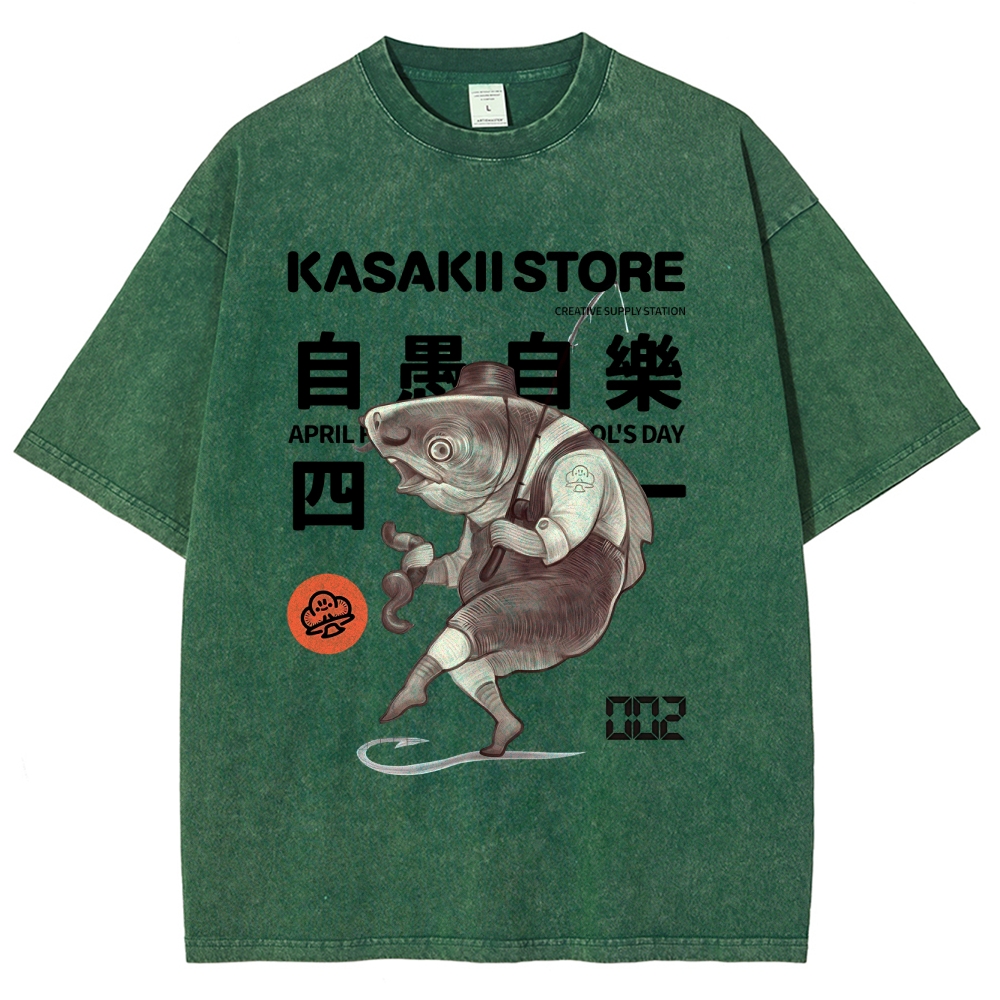 Fishing Shark Man Washed Vintage Short Sleeves T-Shirt-moweekender
