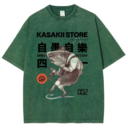 Fishing Shark Man Washed Vintage Short Sleeves T-Shirt-moweekender