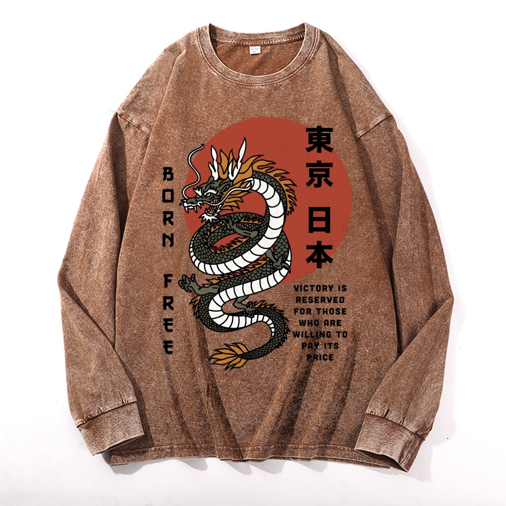 Tokyo Dragon Pattern Deep Washed Vintage Long Sleeves T-Shirt-moweekender