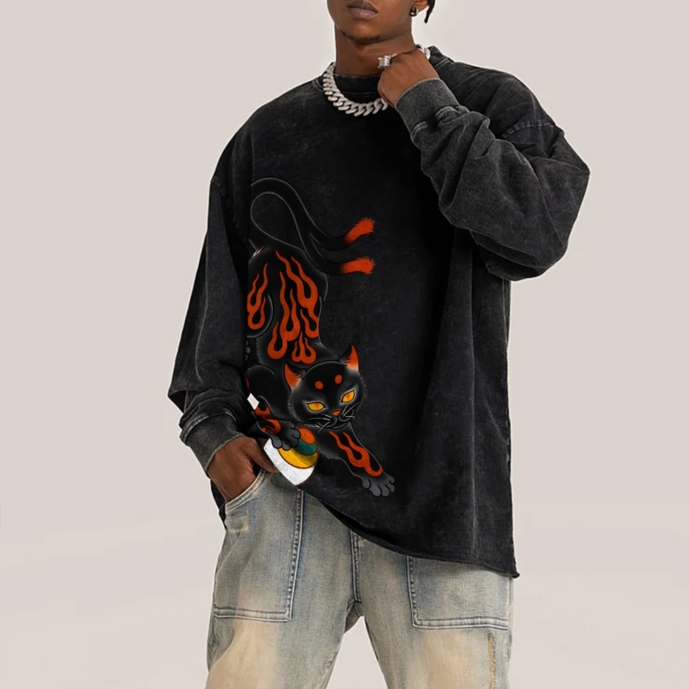 Two-tailed Cat Pattern Deep Washed Vintage Long Sleeves T-Shirt-moweekender