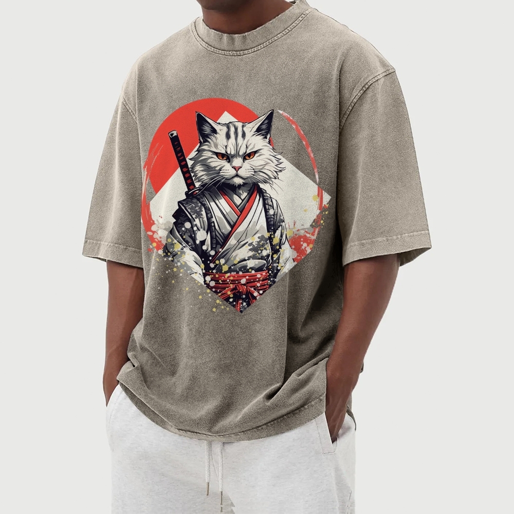 Japanese Warrior Cat Printed Washed Vintage Short Sleeves T-Shirt-moweekender