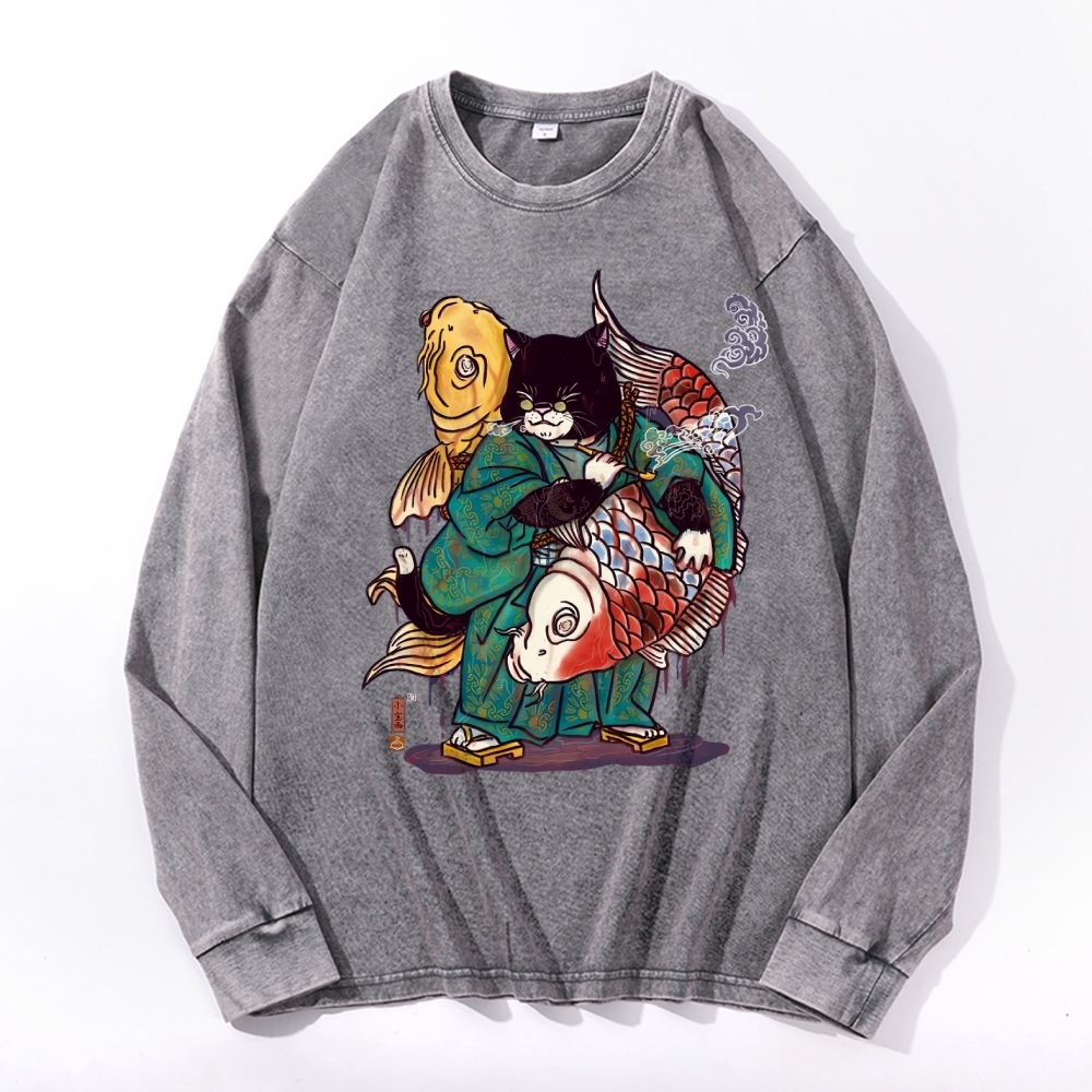 Big Fish Cat Deep Washed Vintage Long Sleeves T-Shirt-moweekender