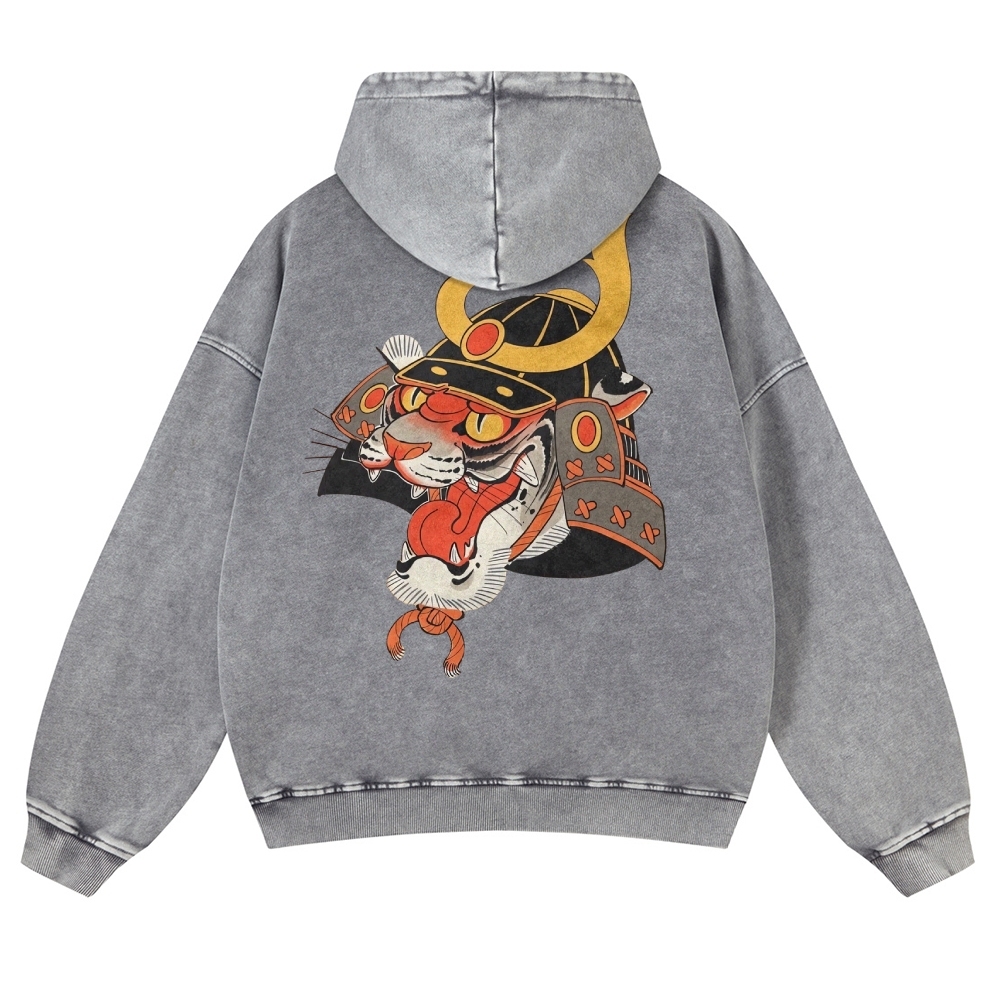 Tiger Warrior Pattern Printed Vintage Washed Hoodie-moweekender