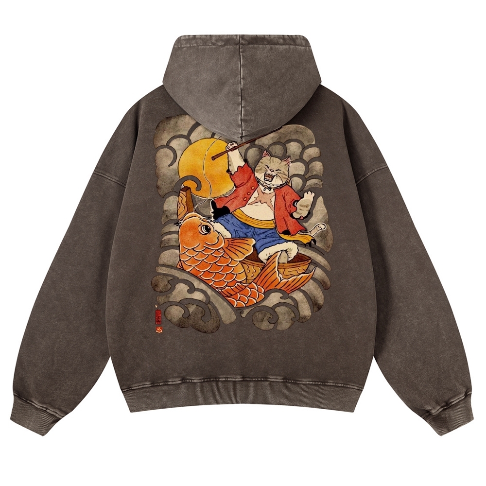 Carp Cat Ukiyoe Casual Vintage Washed Hoodie-moweekender