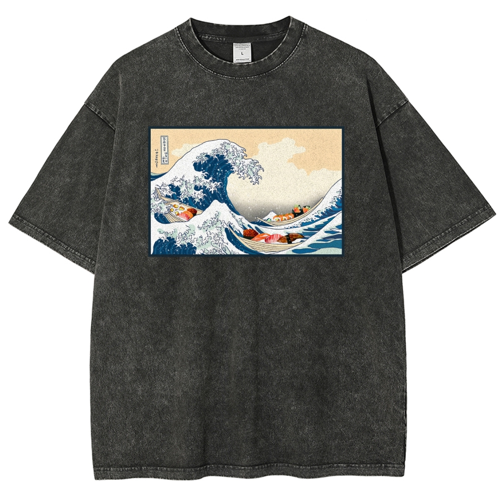 Sushi Ship Wave Ukiyoe Washed Vintage Short Sleeves T-Shirt-moweekender