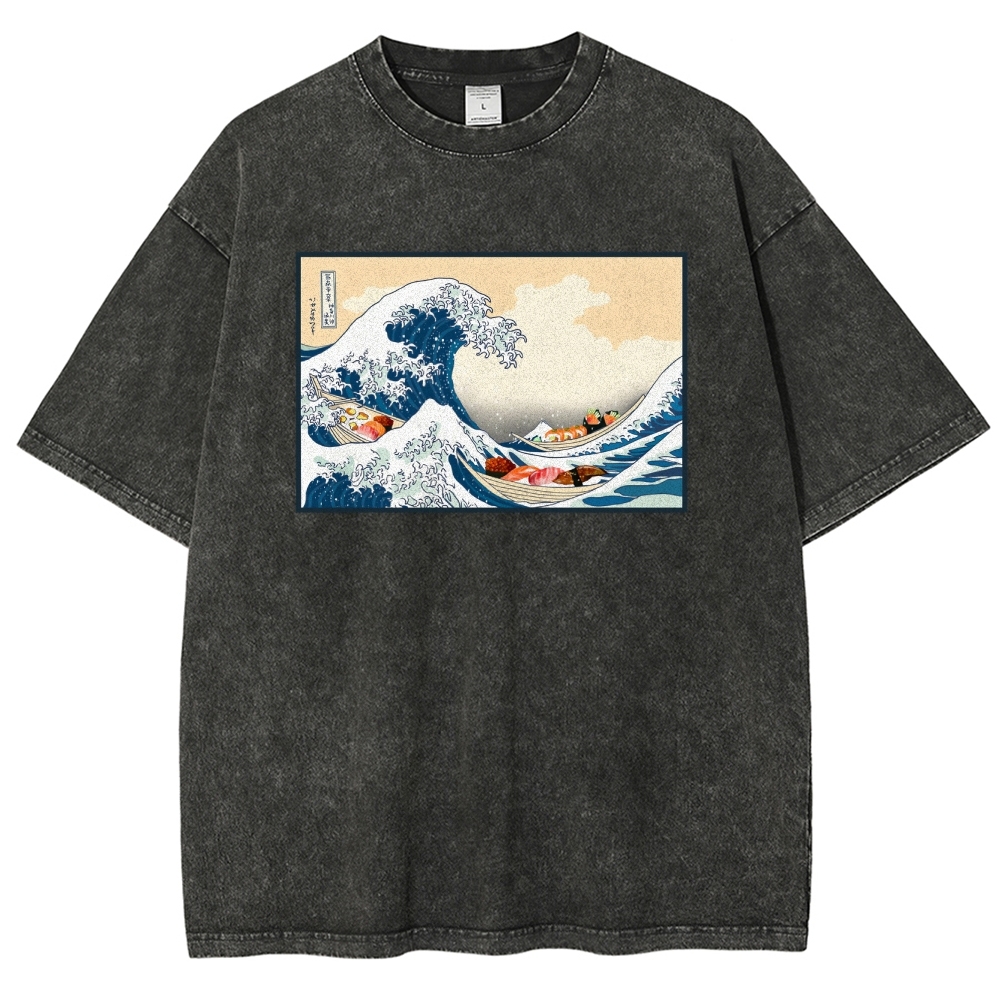 Sushi Ship Wave Ukiyoe Washed Vintage Short Sleeves T-Shirt-moweekender