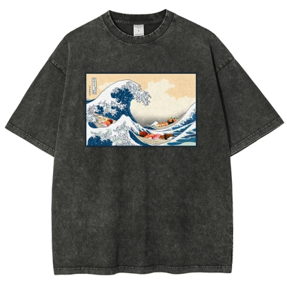 Sushi Ship Wave Ukiyoe Washed Vintage Short Sleeves T-Shirt-moweekender
