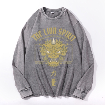 Lion Power Pattern Deep Washed Vintage Long Sleeves T-Shirt-moweekender