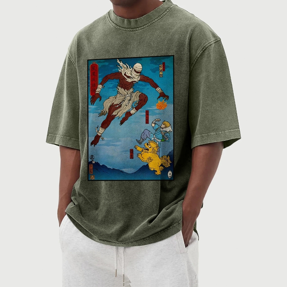 Hero Story Pattern Washed Vintage Short Sleeves T-Shirt-moweekender