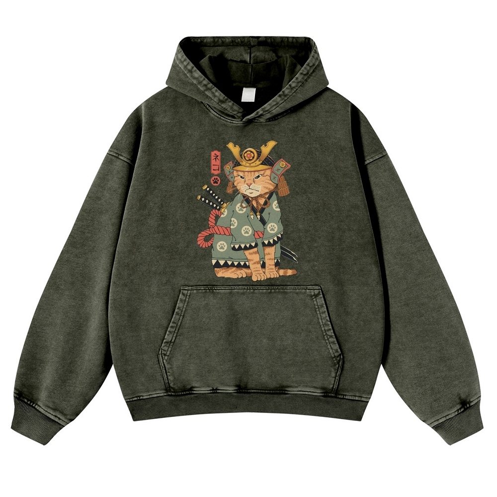 Japanese Warrior Cat Ukiyoe Vintage Washed Hoodie-moweekender