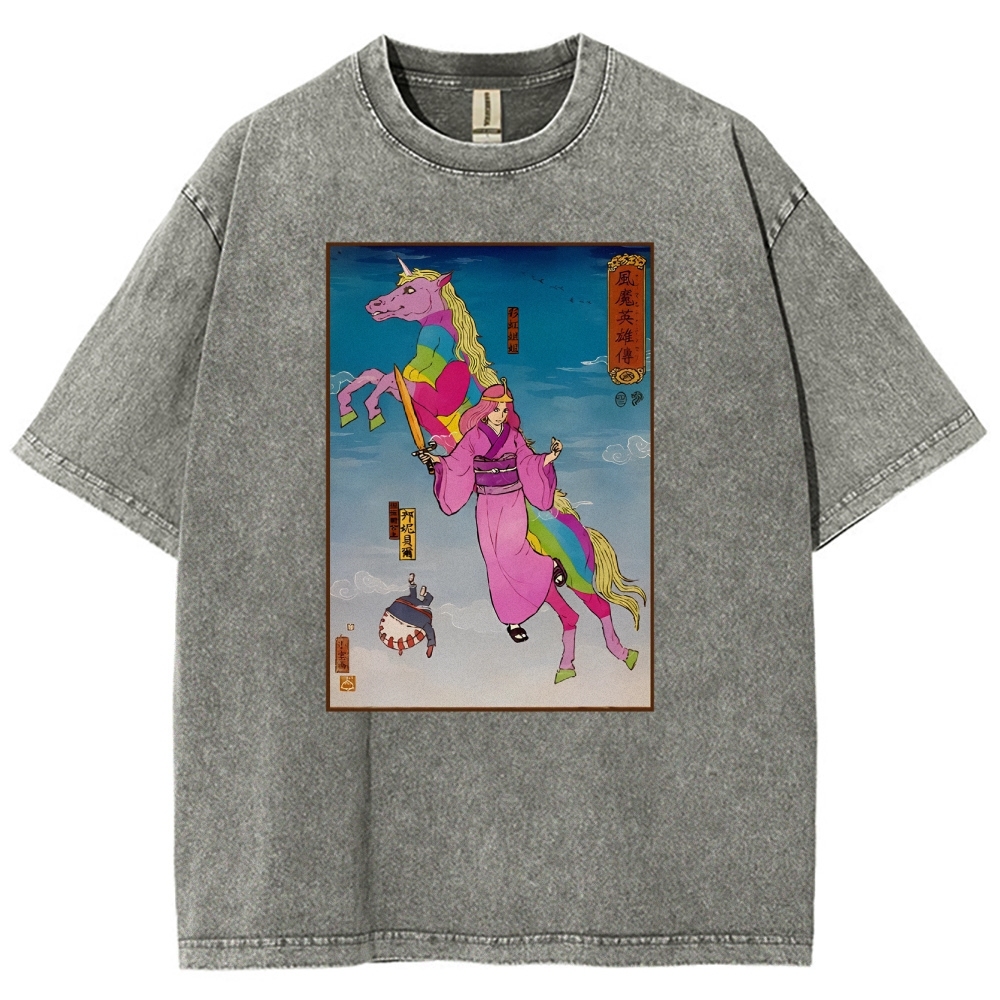 Hero Story Pink Unicorn Washed Vintage Short Sleeves T-Shirt-moweekender