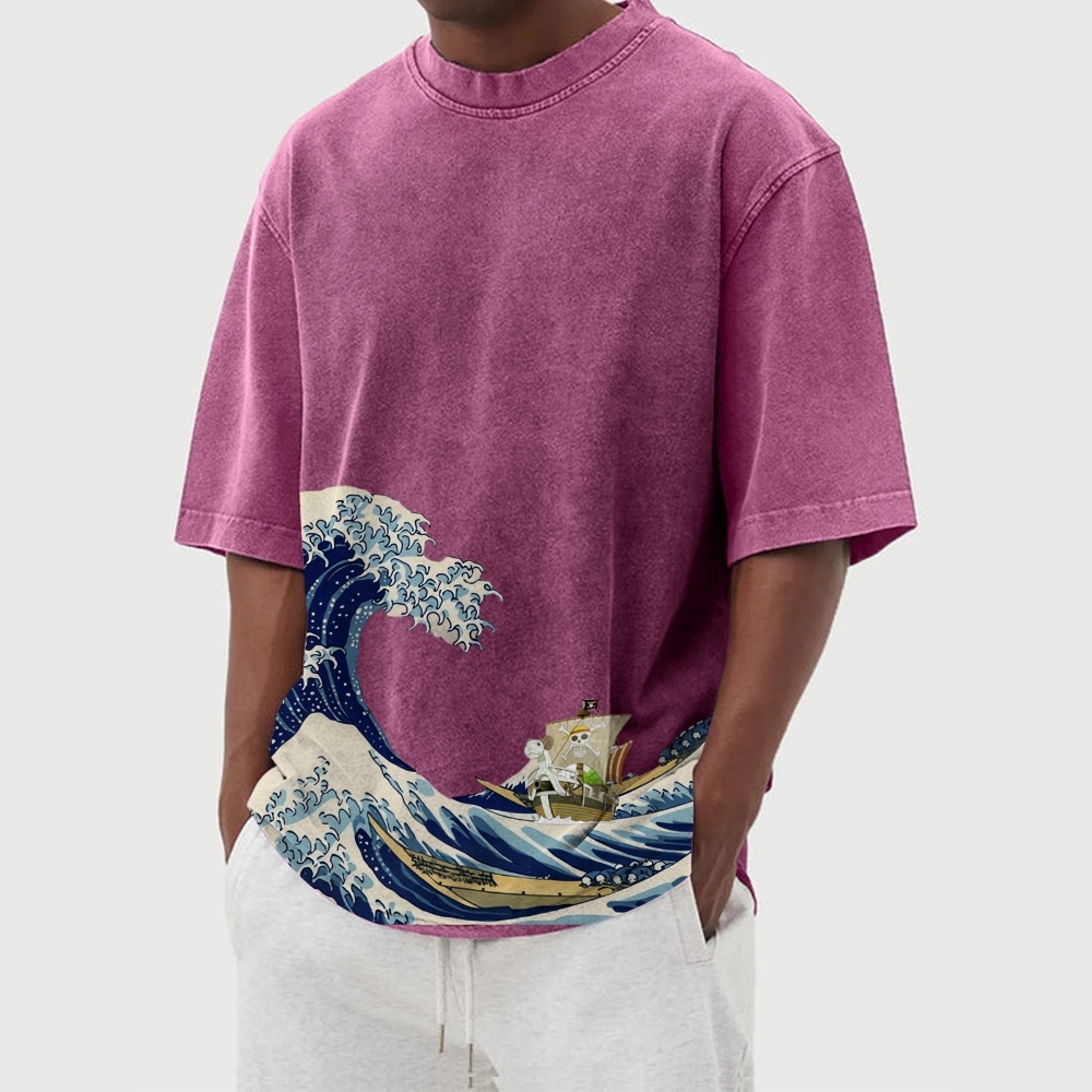 Straw Hat Pirate Ship Washed Vintage Short Sleeves T-Shirt-moweekender