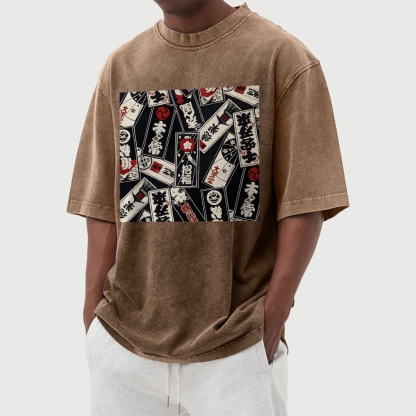 Japan Card Pattern Washed Vintage Short Sleeves T-Shirt-moweekender