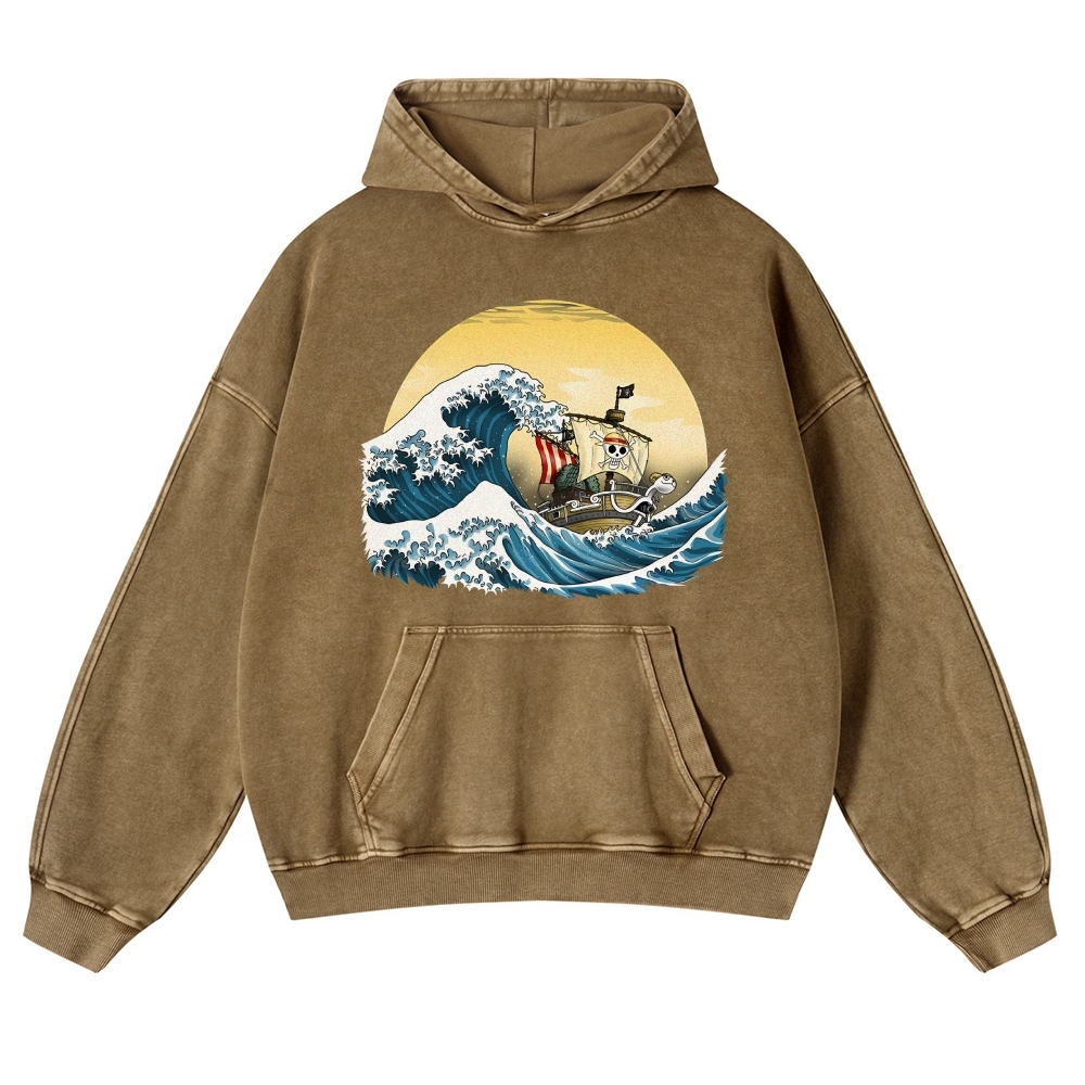Straw Hat Pirate Ship Ukiyoe Vintage Washed Hoodie-moweekender