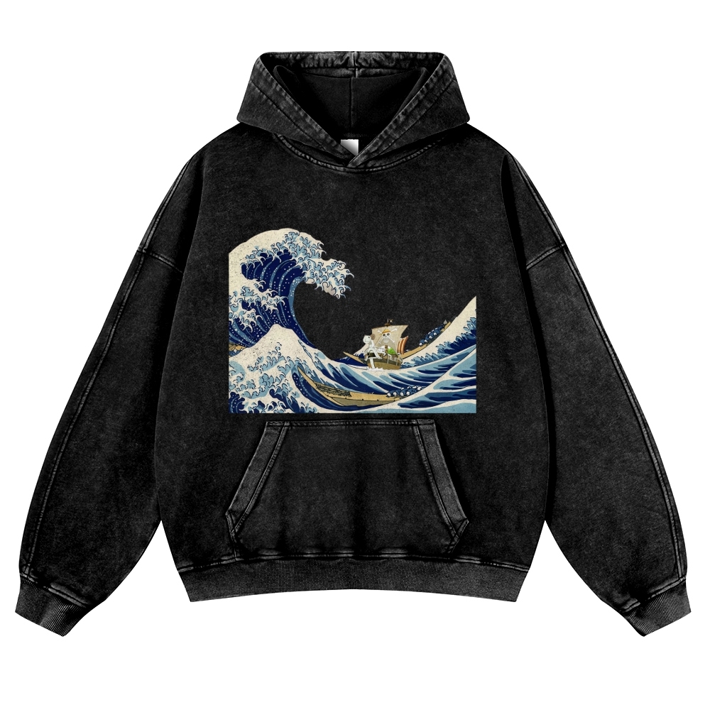 Wave Ukiyoe Pattern Vintage Washed Hoodie-moweekender