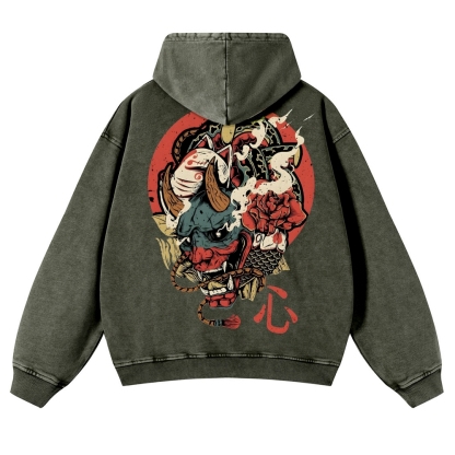 Japanese Traditional Mask Pattern Vintage Washed Hoodie-moweekender