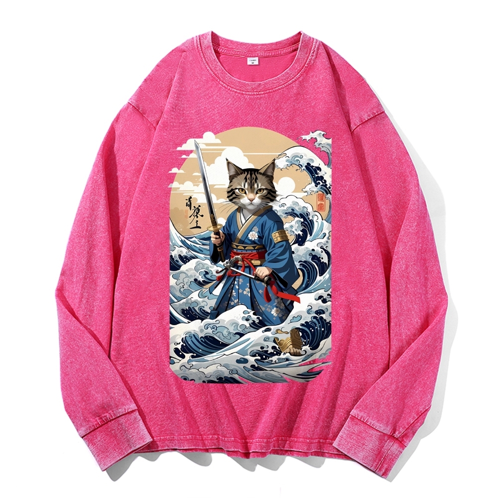 Wave Cat Ukiyoe Deep Washed Vintage Long Sleeves T-Shirt-moweekender