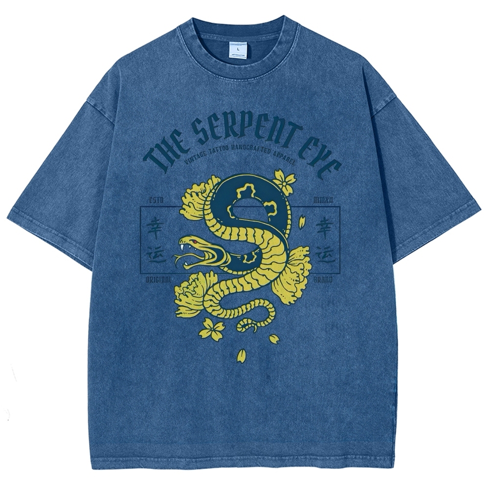 Japan Lucky Snake Sign Washed Vintage Short Sleeves T-Shirt-moweekender