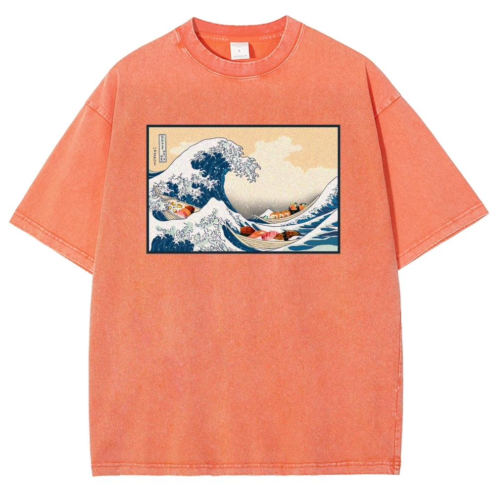 Sushi Ship Wave Ukiyoe Washed Vintage Short Sleeves T-Shirt-moweekender