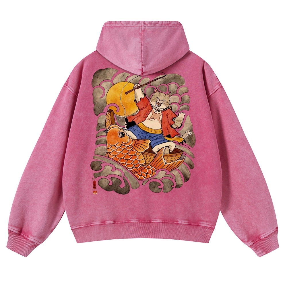 Carp Cat Ukiyoe Casual Vintage Washed Hoodie-moweekender