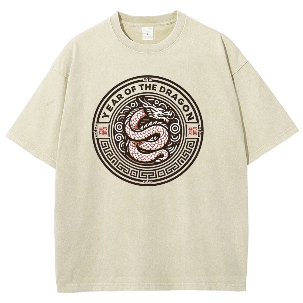 Traditional Dragon Pattern Washed Vintage Short Sleeves T-Shirt-moweekender