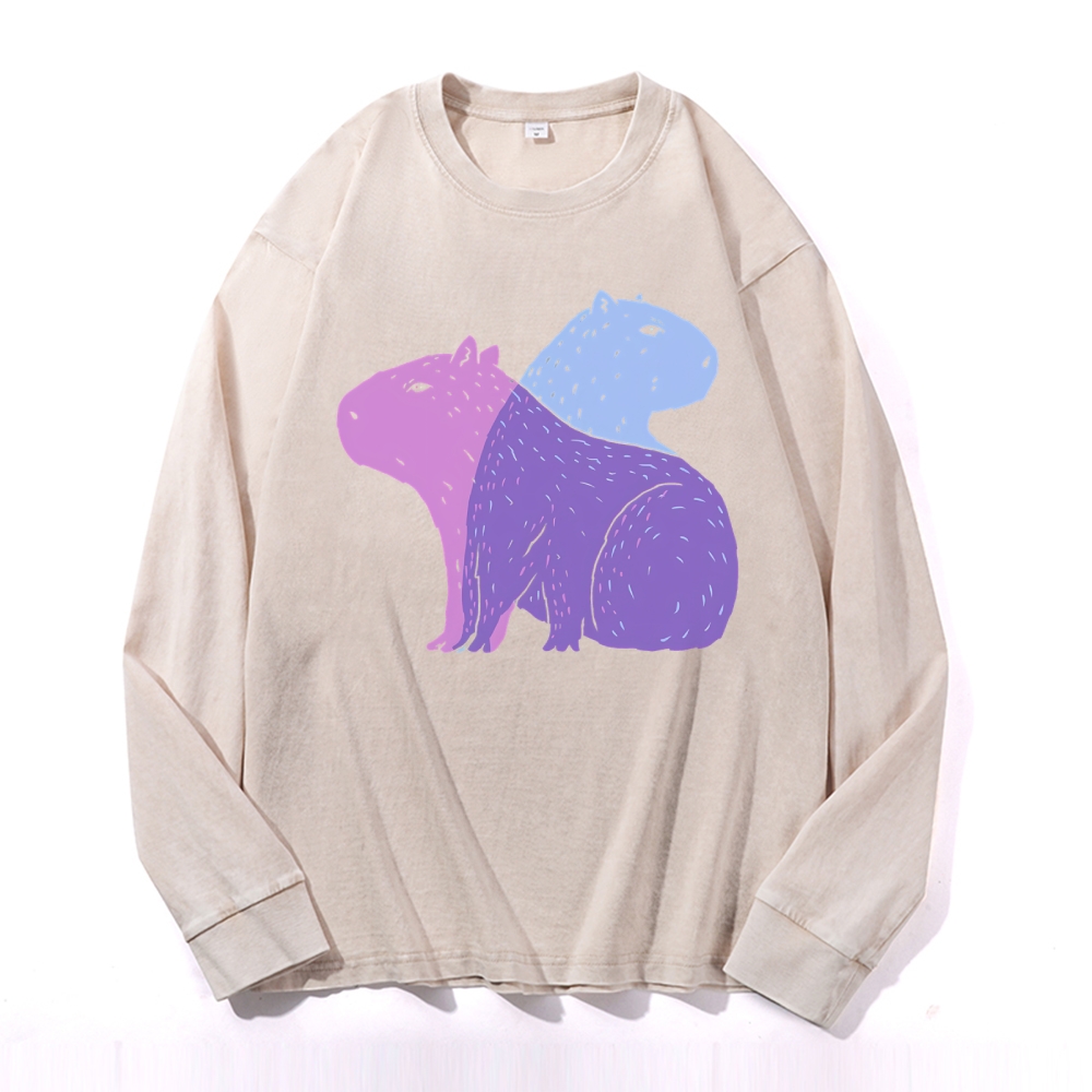 Capybara Pattern Deep Washed Vintage Long Sleeves T-Shirt-moweekender