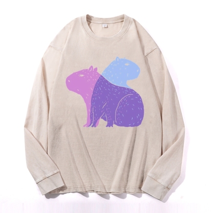 Capybara Pattern Deep Washed Vintage Long Sleeves T-Shirt-moweekender
