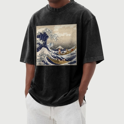 Cat Ship Wave Ukiyoe Washed Vintage Short Sleeves T-Shirt-moweekender