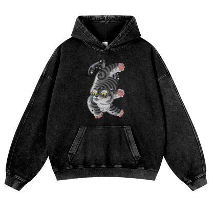 Japanese Cat Printed Vintage Washed Hoodie-moweekender