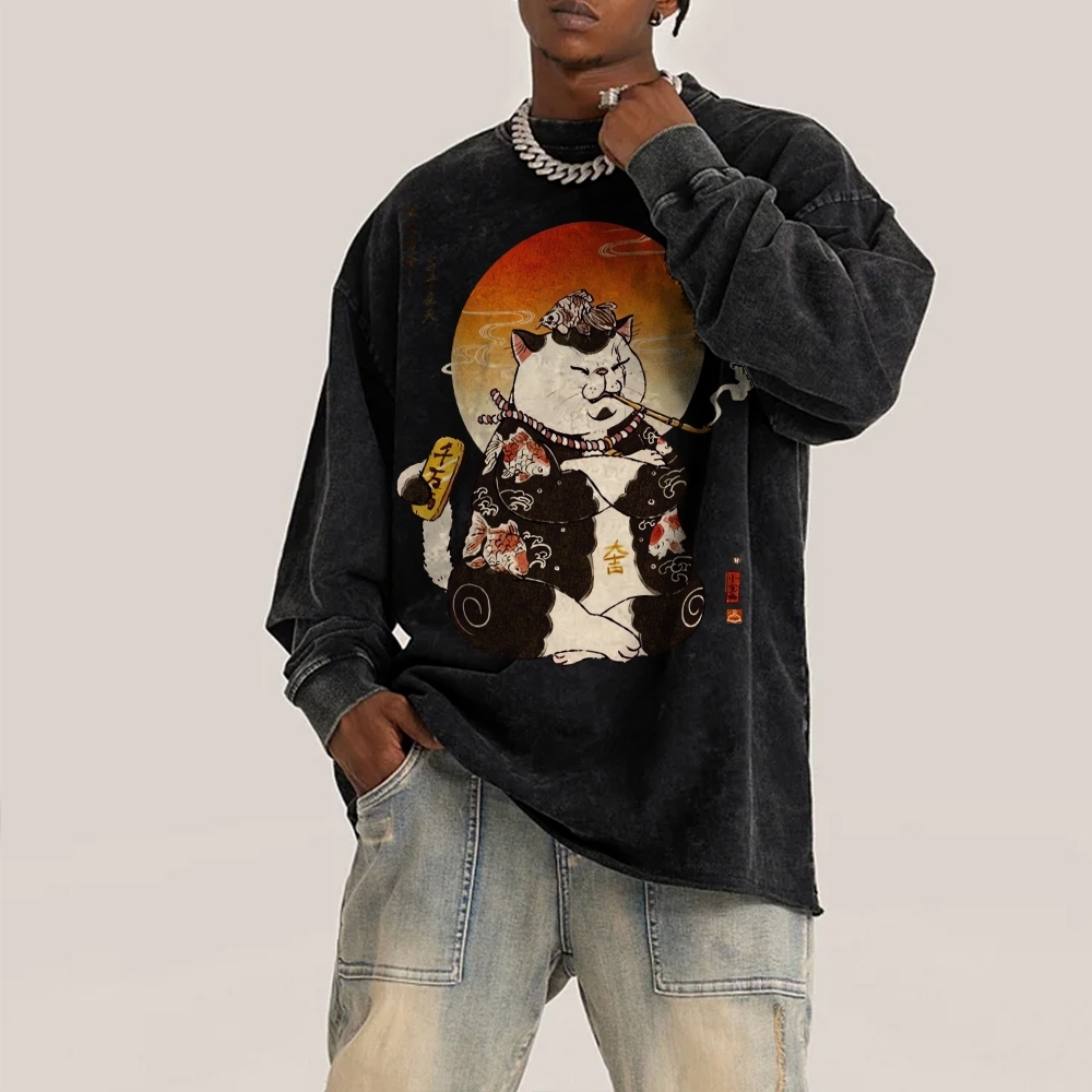 Smoking Rich Cat Deep Washed Vintage Long Sleeves T-Shirt-moweekender
