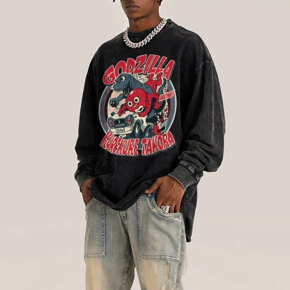 Godzilla Cartoon Pattern Deep Washed Vintage Long Sleeves T-Shirt-moweekender